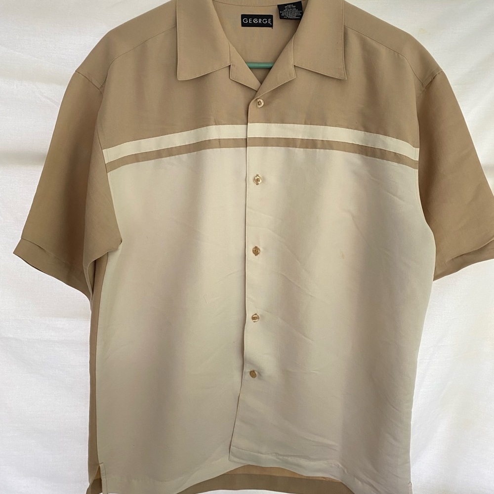 George Casual Tan and Cream Button Down Shirt Bowling Summer Short Sleeve